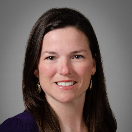 A person with long brown hair smiles while wearing a purple top and earrings against a gray background.