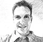 Sketch-like portrait of a person smiling, with short hair and wearing a collared shirt.
